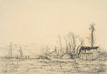 EUGÈNE DEVE (1826-1887) Paysage avec une cabane sur la droite
Crayon noir.
Signé...