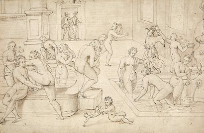 ECOLE FLAMANDE DE LA FIN DU XVIE SIÈCLE Women at the bath
Pen and brown ink, brown...