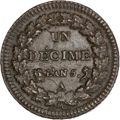null DIRECTOIRE (1795-1799)
Un décime. Surfrappe de 2 décimes. An 5. Paris.
Buste...