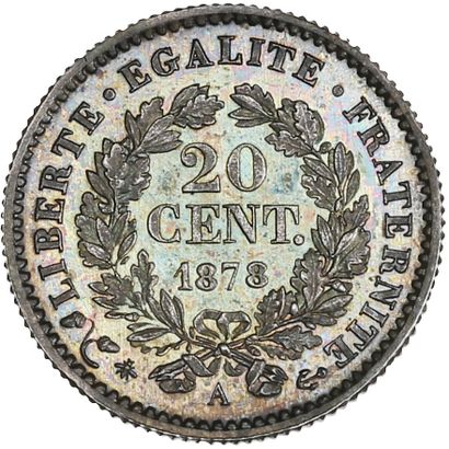 null TROISIÈME RÉPUBLIQUE (1871-1940) 20 centimes, type Cérès. 1878. Paris (30 ex.).
Tête...