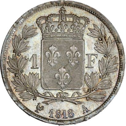 null LOUIS XVIII (1815-1824)
Un franc. 1818. Paris.
Sa tête nue à gauche.
R/ Écu...