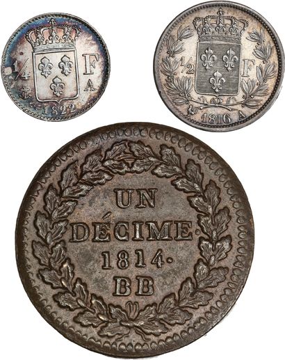 null LOUIS XVIII (1815-1824)
Demi franc. 1816. Paris. Quart de franc. 1822. Paris.
Décime....
