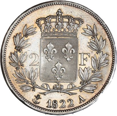 null LOUIS XVIII (1815-1824) 2 francs. 1822. Paris.
Sa tête nue à gauche.
R/ Écu...