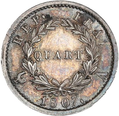 null PREMIER EMPIRE (1804-1814)
Quart de franc lauré. 1807. Paris. RÉPUBLIQUE.
Effigie...