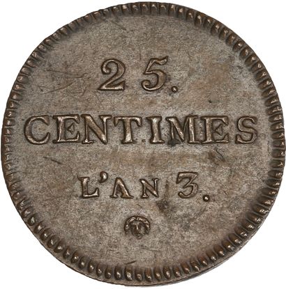 null CONVENTION (1792-1795) 25 centimes. An 3. Essai. Cuivre.
Buste de la République....