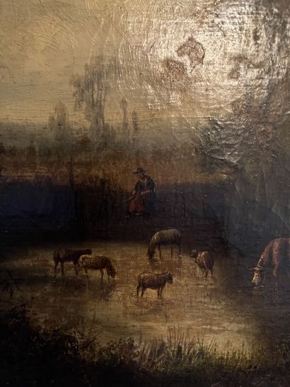 null School of the XIXth century:

"Landscape with herd of cows",

Pair of oil on...