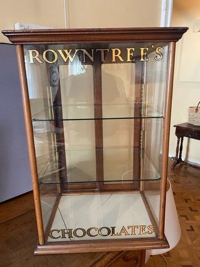null Petite vitrine publicitaire rectangulaire en noyer et verre : « Rowntree's chocolates...