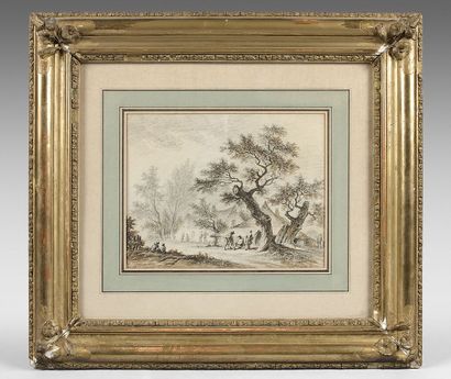 Aignan Thomas DESFRICHES (1715-1800) 
Paysage animé de personnages devant des chaumières...