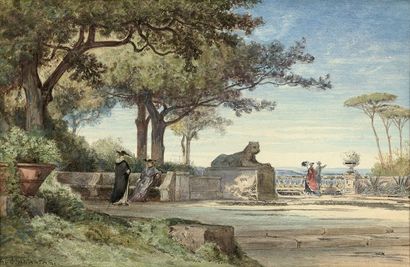  Auguste ANASTASI (1820-1889) 
Terrasse en Italie 
Aquarelle, signée en bas à gauche....