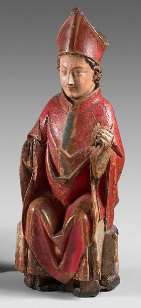 null Grande statuette en noyer polychrome sculpté d'un saint Germain d'Auxerre (?)...