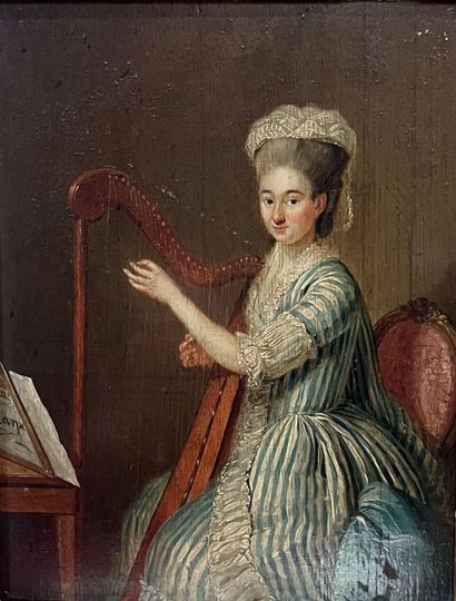  École française du XVIIIe siècle 
Portrait de femme en robe à rayures bleues et...