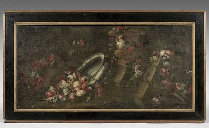  Attribué à Gasparo LOPEZ (1650-1732) 
Nature morte de fleurs et éléments d'architecture...