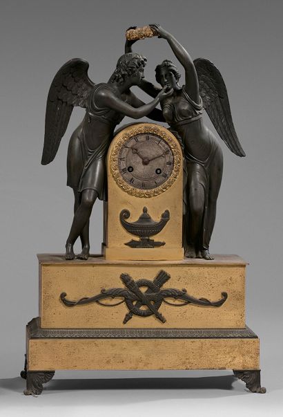 null Clock in gilt bronze and patinated bronze decorated with Psyche crowning Love,...