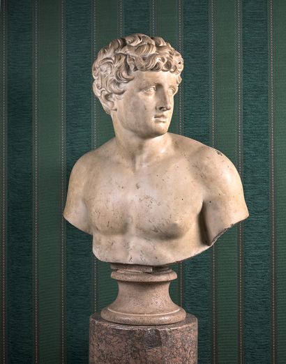 null White marble bust after the Antique (Orestes?) on a stone pedestal.
Souvenir...