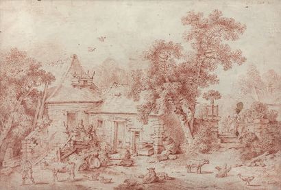 Jean-Baptiste HUET (1745-1811) Cour de ferme
Sanguine signée en haut à droite et...