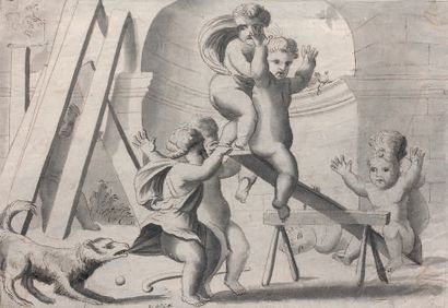 École Française du XVIIe siècle Jeux d'enfants
Plume, lavis gris.
18,7 x 27,3 cm