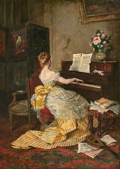 Madeleine LEMAIRE (1845-1928) Femme à son piano
Huile sur toile, signée en bas à...
