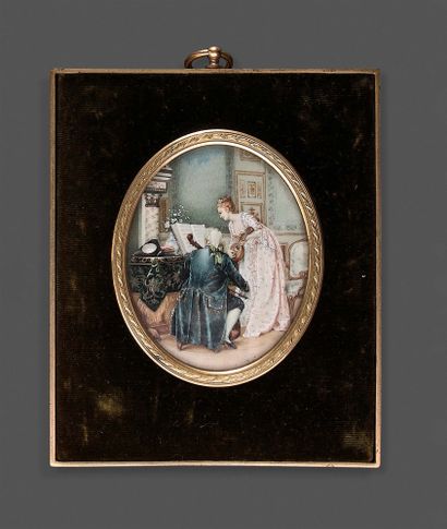 null Polychrome miniature of oval form representing a couple of musicians in a living...