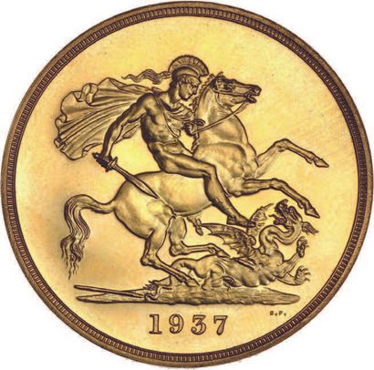 null GREAT BRITAIN: George VI (1936-1952) 5 pounds gold. 1937.
Fr. 409.
Splendid...