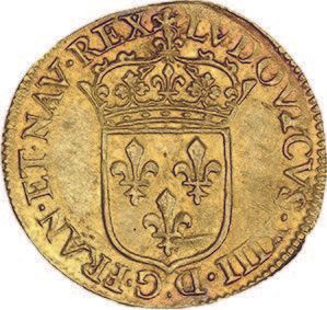null LOUIS XIV (1643-1715)
Écu d'or au soleil au nom de Louis XIII. 1645. Arras.
D....