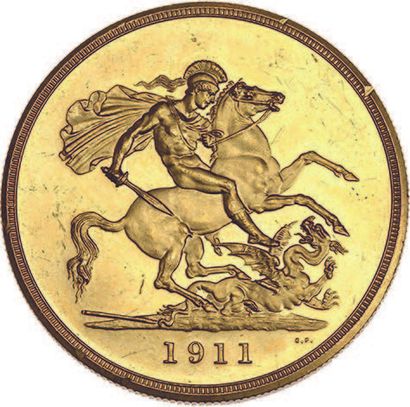 null GREAT BRITAIN: George V (1910-1936) 5 gold pounds. 1911 (2?812 copies).
Fr....