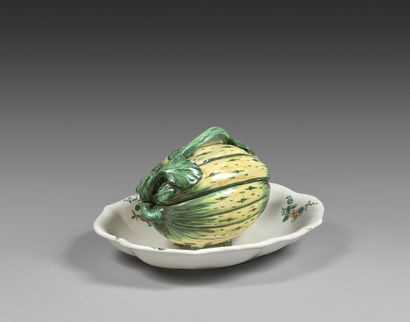 STRASBOURG Small covered melon-shaped bowl, with oval adherent tray with contoured...