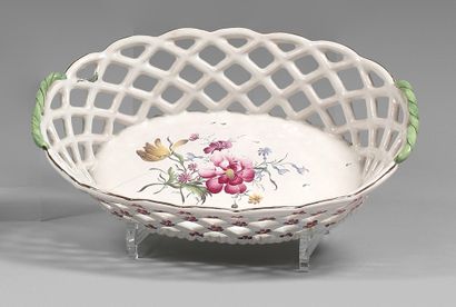 STRASBOURG Oval basket with openwork edge provided with twisted handles, with polychrome...