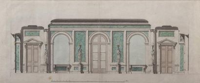 ÉCOLE FRANÇAISE vers 1780 Projet pour une galerie Plume, encre noir, aquarelle. Annotation...