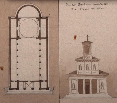 Antoine-Léon-Thomas VAUDOYER (Paris 1756-Paris 1846) Plan et façade d'église Pierre...
