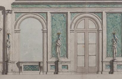 ÉCOLE FRANÇAISE vers 1780 Projet pour une galerie Plume, encre noir, aquarelle. Annotation...