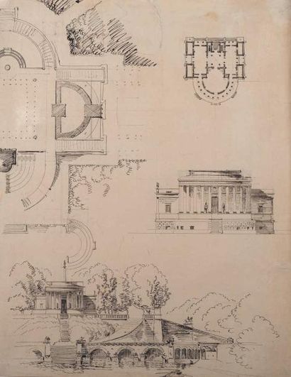 J. LACORNÉE (1779-1856) Projet pour un château de chasse Vue, coupe, plan. Plume,...