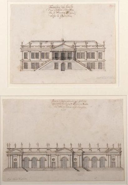 ÉCOLE VÉNITIENNE vers 1800 Projet pour une façade de palais Pierre noire, lavis de...