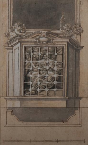 ÉCOLE ALLEMANDE de la fin du XVIIe siècle Projet pour une armoire grillagée renfermant...