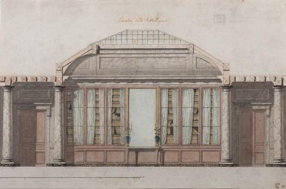 ÉCOLE FRANÇAISE vers 1780 Projet pour une bibliothèque Plume, encre noire, aquarelle....