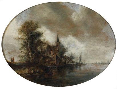 Entourage d'Abraham STORCK (1635-1710) Bords de rivière animés Huile sur panneau....