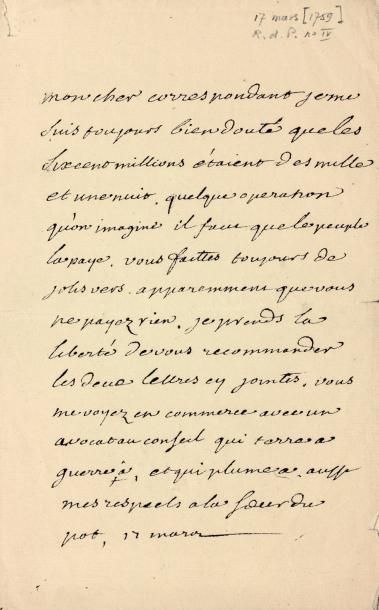 VOLTAIRE Lettre autographe [à François de Chennevières]. [Tournay], 17 mars [1759]....