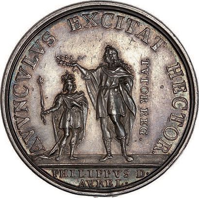 null 1715 (n.d.)
Louis XV et Philippe d'Orléans.
Argent. 38 mm (Vestner).
Van Loon...