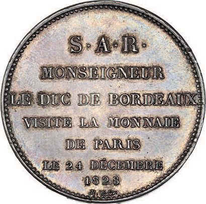 null 1828 (24 décembre)
Module de 5 francs. Le Duc de Bordeaux visite la Monnaie...