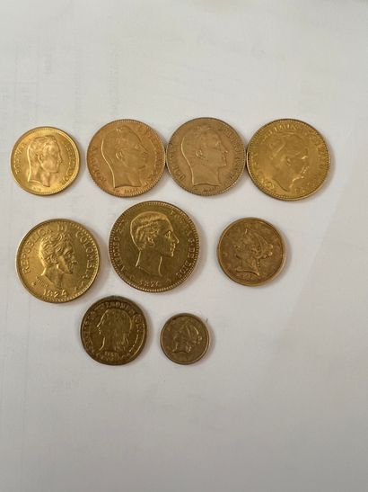 null 
Ensemble de 9 monnaies d’or :

-VENEZUELA,
20 Bolivares: 2 exemplaires : 1905...