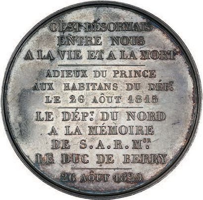 null 1829 (26 août)
Hommage du département du Nord au Duc de Berry.
Argent. 41 mm.
Collignon...
