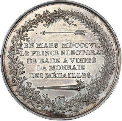 null 1806
Visit of the Prince of Baden to the Mint of medals.
Silver. 41 mm.
Br....