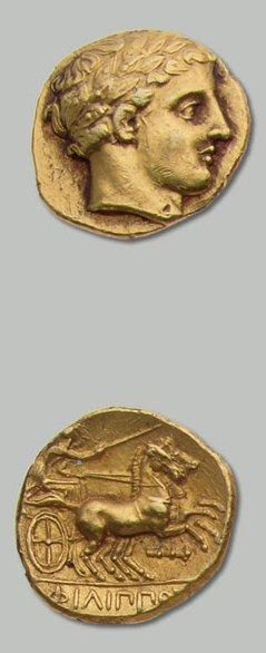 MACÉDOINE PHILIPPE II (359-336 av. J.-C.) Statère d'or. 8,58 g. Amphipolis Tête laurée...