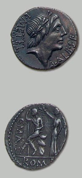 CAESILIA (96 av. J.-C.) Tête laurée d'Apollon...