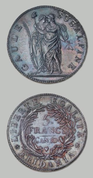 null 5 Francs. An 10 (1802). Turin. LMN 898. Superbe.