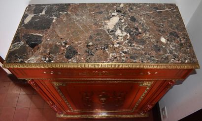 null FURNITURE WITH A HIGH SUPPORT with Boulle decoration of brass on a coral relacquered...