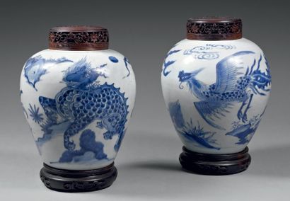 Époque MING (1368-1644) Paire de pots en porcelaine décorée en bleu sous couverte...