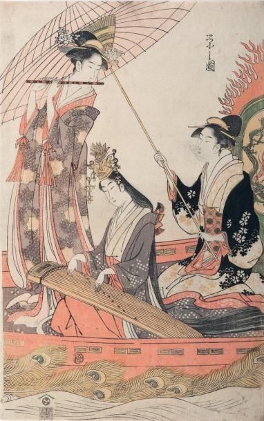 Hosoda Eishi (1756-1829) Oban tate-e, partie centrale d'un triptyque représentant...