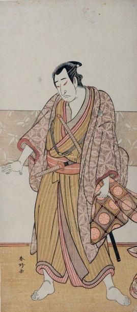 Katsukawa Shunkô (1743-1812) Hosoban tate-e partie d'un triptyque, représentant l'acteur...