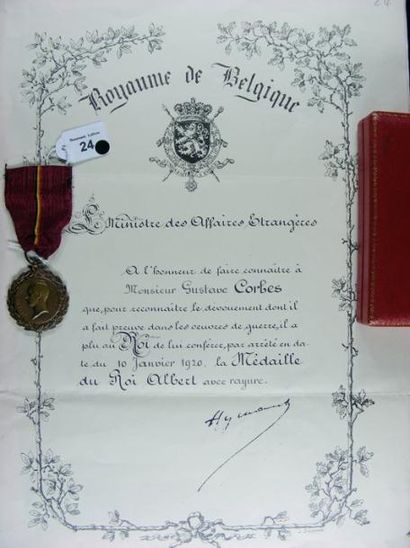 Belgique Médaille du Roi Albert, créée en 1919, en bronze, avec ruban à simple rayure,...
