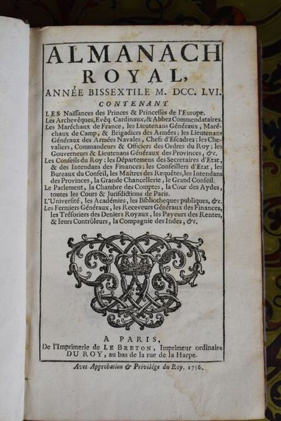 null ALMANACH ROYAL année bissextile M.DCC.LVI. Paris, Le Breton, 1756, in-8, bas....